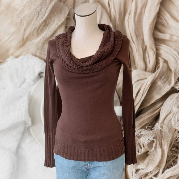BCBGMaxAzria Sweaters - BCBGMAXAZRIA • Large chocolate brown sweater cable knit cowl neckline women's